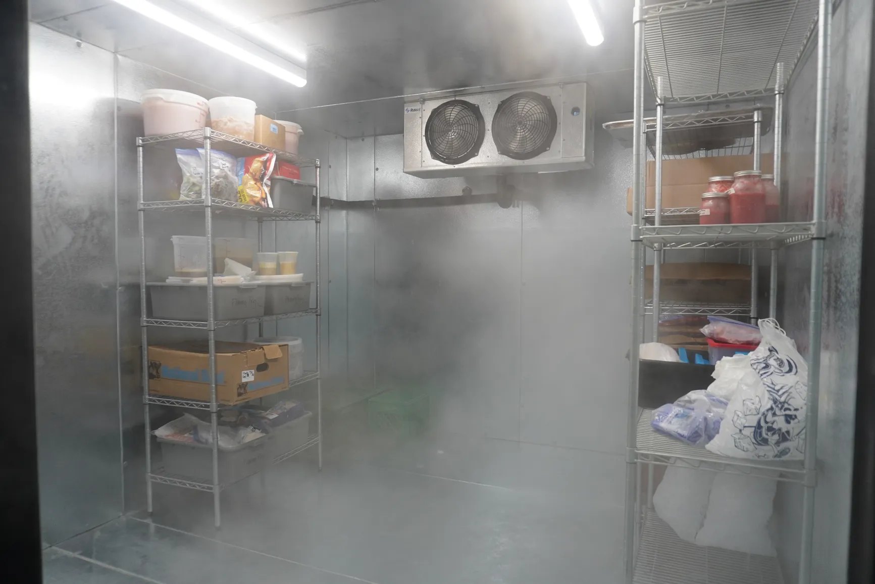 Inside a walk-in freezer filled with cold fog: galvanized panel walls, a two-fan evaporator on the back wall and wire shelving stocked with product