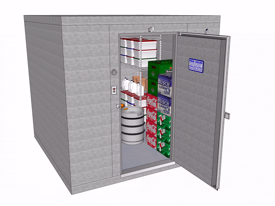 Frigid Coolers rendering of a walk-in cooler with the door open, showing wire shelving, stacked beverage cases and kegs inside the insulated box