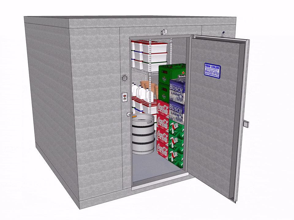 Frigid Coolers rendering of a stocked walk-in cooler seen from a second angle with the door open