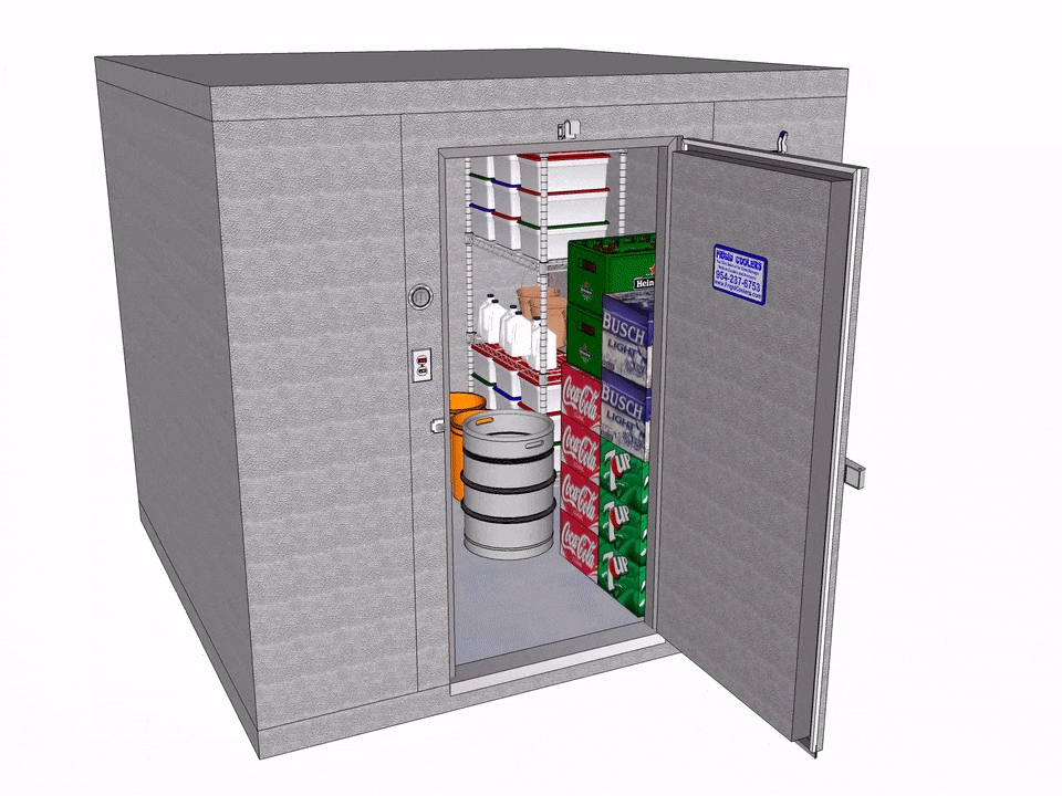 Frigid Coolers rendering of a walk-in cooler with the insulated door swung fully open, showing the door slab, hardware and the loaded shelving inside